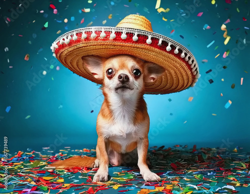 Chihauhauin in Sombrero, Confettie for Cinco de Mayo AI photo