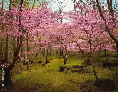 Pink Dogwood Trees in Woodland, Spring