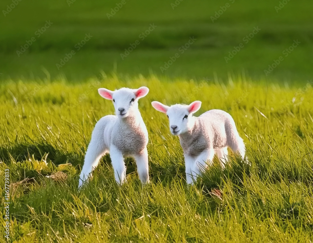 Two Little White Lambs in Field of Green Grass AI Two Little White Lambs in Field of Green Grass AI