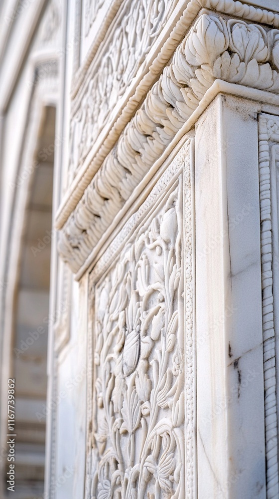 Obraz premium Intricate floral carvings on white marble pillar.