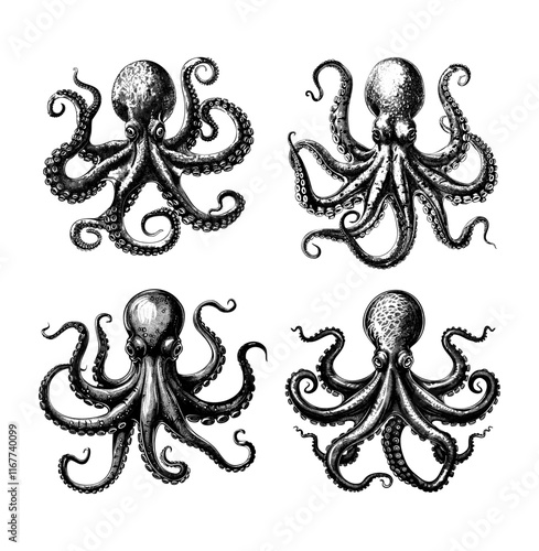 Octopus engraving vector set. Suction tentacles cups marine creature, squid mollusks ocean underwater animal seafood hunter hand drawn black ink sketches isolated vectors on white backdrop