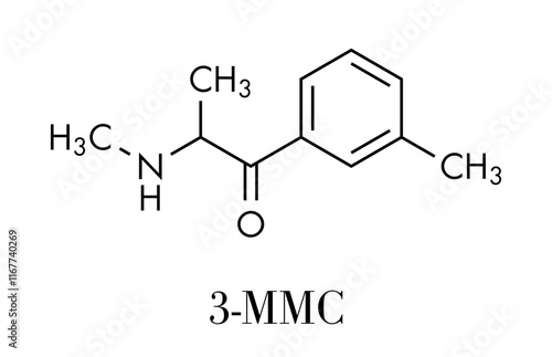 3-MMC (metaphedrone, 3-methylmethcathinone) designer drug molecule. Skeletal formula. photo