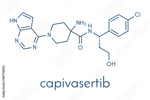 Capivasertib cancer drug molecule. Skeletal formula.