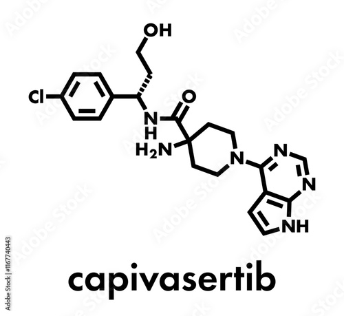 Capivasertib cancer drug molecule. Skeletal formula.