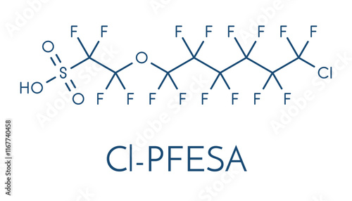 Chlorinated polyfluoroalkyl ether sulfonic acid (6:2 Cl-PFESA) PFAS class molecule. Skeletal formula.