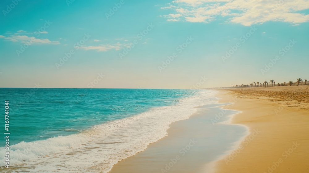 Serene beach scene with turquoise water, soft waves lapping golden sand, and distant palm trees under a bright blue sky.