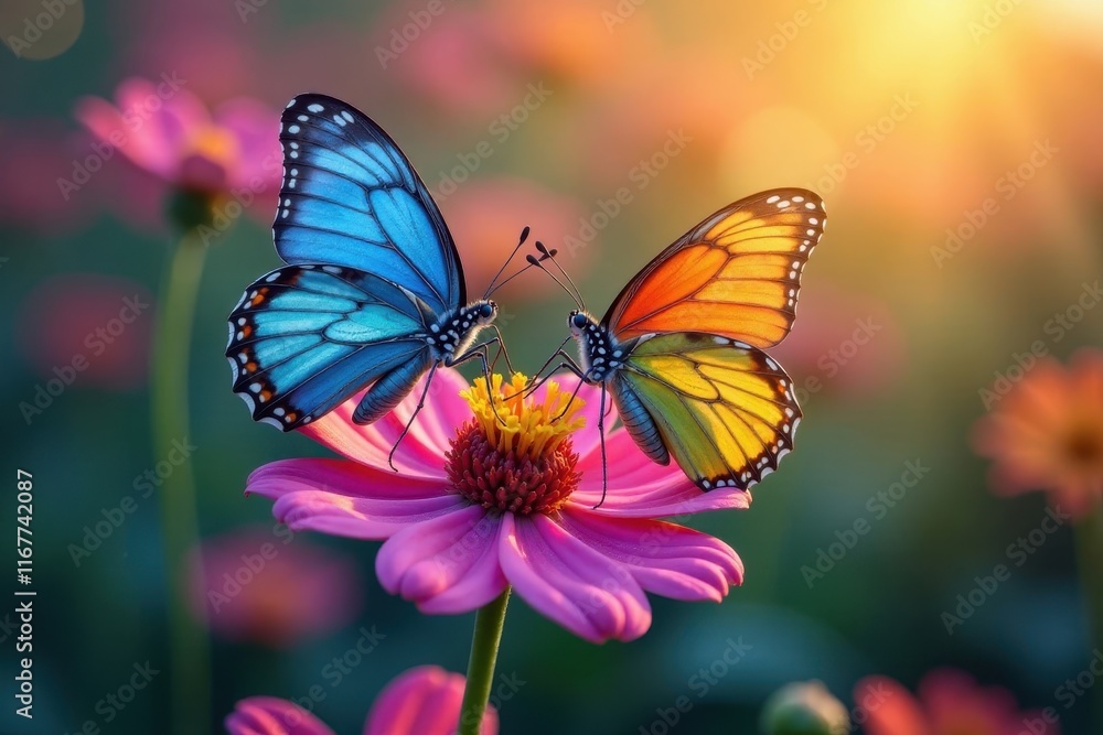 Two butterflies perch on a colorful flower stem, delicate, flowers, wings Two butterflies perch on a colorful flower stem, delicate, flowers, wings
