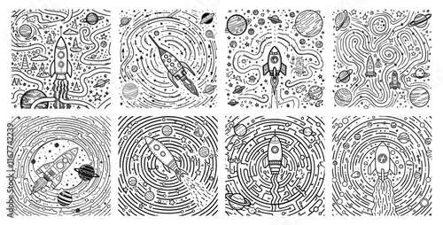 Space rocket labyrinth outline vector set . Planets vessel tangled galaxy maze linear route, solar system must find road game kids puzzle way, concepts isolated on white background