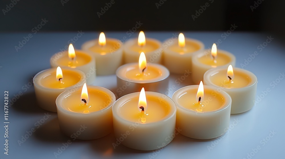 Twelve burning candles arranged in a circle around a central candle. Twelve burning candles arranged in a circle around a central candle.