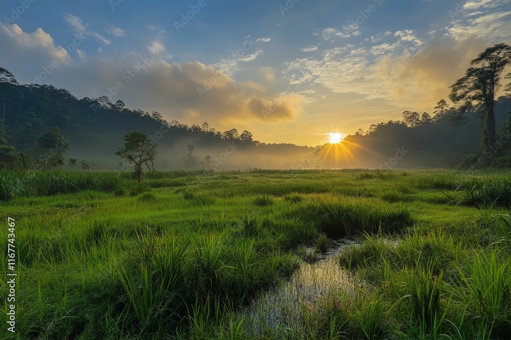 Sunrise over misty green field, trees silhouetted. Sunrise over misty green field, trees silhouetted.