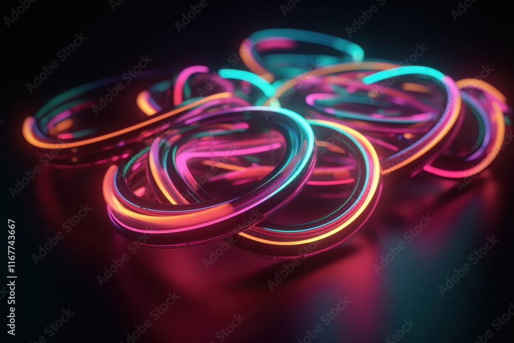 Neon glowing intertwined rings creating a futuristic and colorful abstract composition Neon glowing intertwined rings creating a futuristic and colorful abstract composition