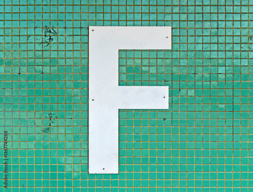 Letter F in white on a tiled green wall