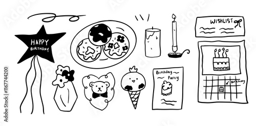 Hand-Drawn Birthday Illustration Set | Minimalist Doodle Style Vector