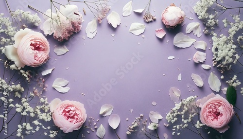 Delicate pink and white flowers and petals forming a frame against a pale lilac background, leaving room for your text photo