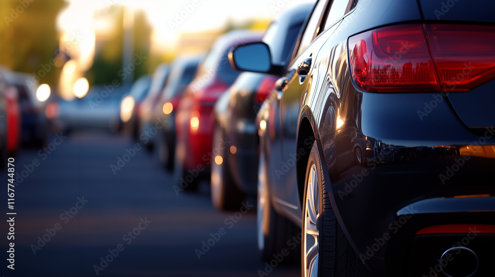 A neatly arranged row of modern cars parked in an outdoor lot under bright sunlight. The vehicles display a variety of sleek designs and colors, highlighting a sense of order and s A neatly arranged row of modern cars parked in an outdoor lot under bright sunlight. The vehicles display a variety of sleek designs and colors, highlighting a sense of order and s
