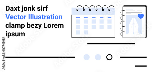 Desk calendar with spiral bindings, notebook with heart-shaped bookmark, horizontal text. Ideal for planners, schedules, organization, productivity, minimalism, digital diaries, and office setups