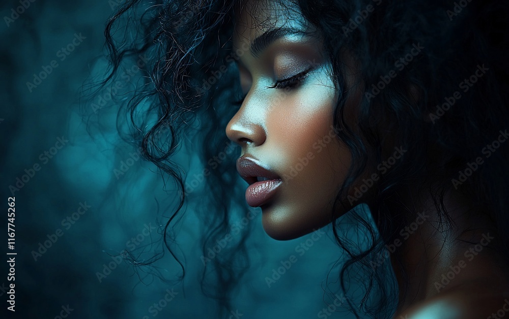 Serene young woman with curly hair, profile view, teal background.