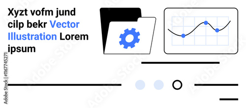 Folder with settings gear, line graph with data points, text placeholders. Ideal for data analytics, management, infographics, business presentations, digital content, organizational tools, project