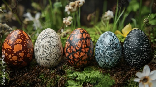 Five Decorated Easter Eggs on Mossy Ground photo