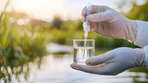 Gloved hands testing water using a pipette and a glass container, with floating labels of harmful contaminants like PFAs, lead (Pb), mercury (Hg), and cadmium (Cd). The image repre