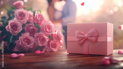 A pink gift box with a bow sits beside a bouquet of pink roses on a wooden table, with a blurred background of a couple kissing, creating a romantic Valentine's Day scene. Concept of romantic Valenti photo