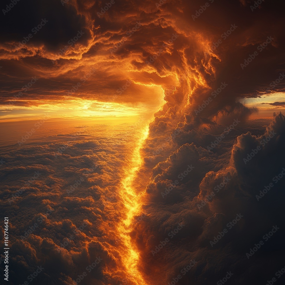 Fototapeta premium Awe-inspiring Aerial View of Dramatic Cloud Formation Illuminated by the Fiery Glow of a Setting Sun, Creating a Majestic and Breathtaking Natural Spectacle in the Sky
