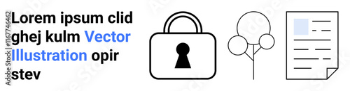 Lock icon with keyhole, tree diagram, and document outline. Text with Vector Illustration highlighted in blue. Ideal for online security, data protection, privacy, document management, cybersecurity