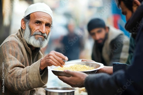 Elderly man shares food, charitable act, outdoor setting. photo