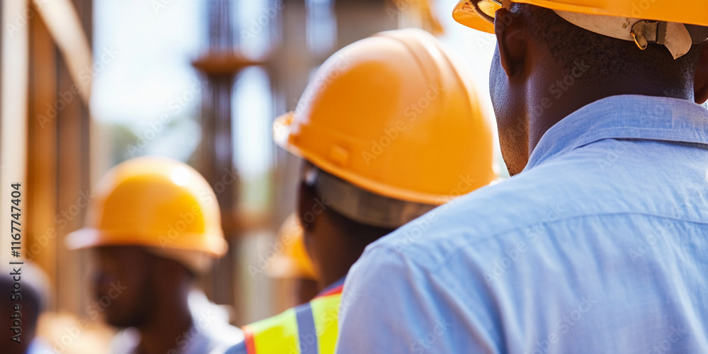 Construction workers collaborating on a busy site Construction workers collaborating on a busy site