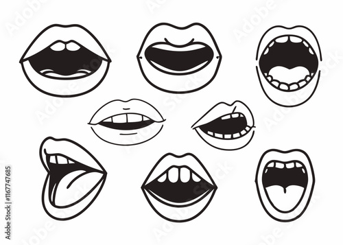 Set of smile mouths for cartoon character. The mouth makes different sounds, shows emotions. Laughs, sings, growls, screams, sings, gets angry, fangs, whistles and rejoices. Isolated vector on white