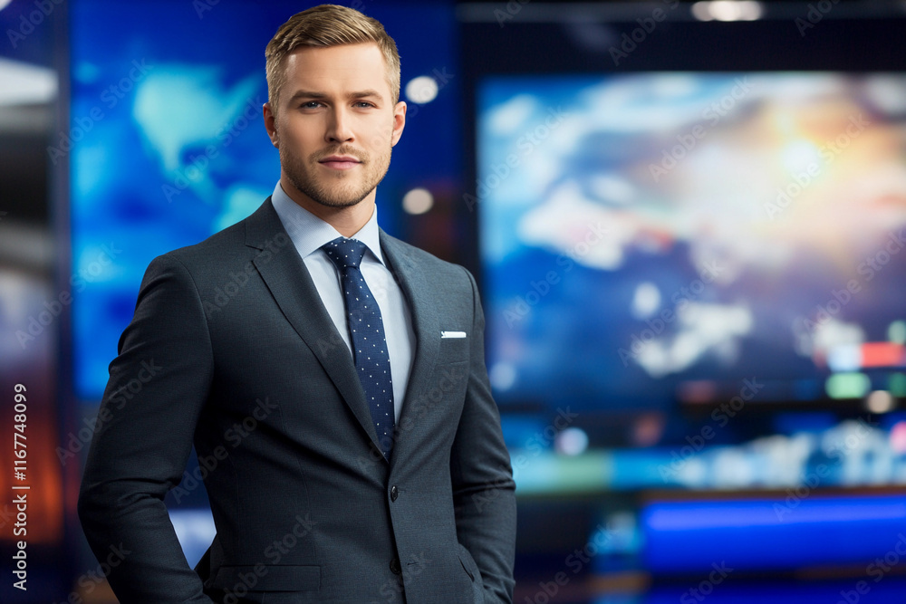 News anchor presenting updates in a modern studio News anchor presenting updates in a modern studio