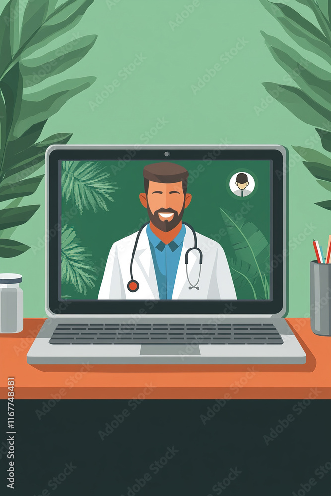 Doctor video calling patient using laptop on desk with plants Doctor video calling patient using laptop on desk with plants