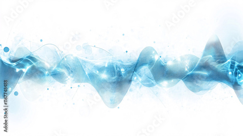 A flowing blue energy wave with glowing particles and soft transparency on a white background creating a futuristic and elegant abstract design
