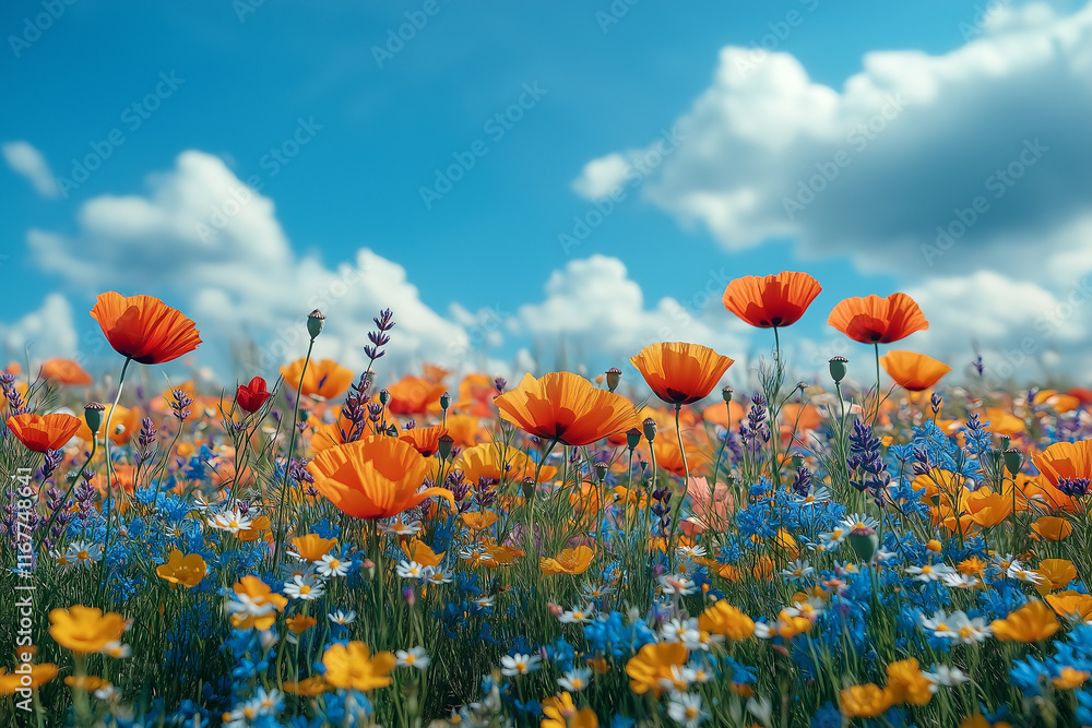 Obraz premium Photo réaliste professionnelle d’un champ paisible de fleurs sauvages avec des coquelicots, des marguerites et de la lavande sous un ciel bleu éclatant, créant une scène printanière pittoresque