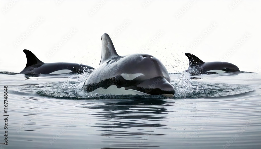 Obraz premium Orcas swimming gracefully in calm waters, white isolate background. 
