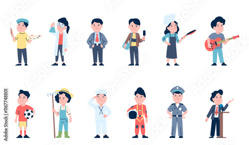 Kids in uniform. Children play in professions, journalist scientist businessman farmer chef painter or artist seaman policeman. Cute recent vector characters