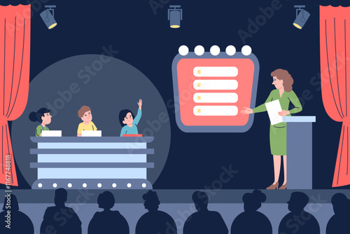 Kids quiz show. Children playing intellectual game, stand on stage with presenter. Girl answer on question, media entertainment competition, recent vector scene