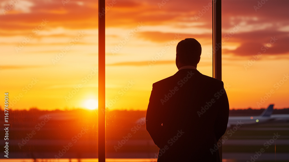 A businessman stands at an airport terminal window, silhouetted against a vibrant sunset. The scene reflects contemplation and anticipation as he prepares for a business trip. busi A businessman stands at an airport terminal window, silhouetted against a vibrant sunset. The scene reflects contemplation and anticipation as he prepares for a business trip. busi