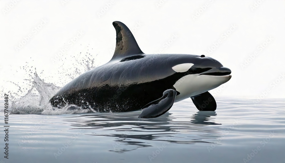 Obraz premium Orcas swimming gracefully in calm waters, white isolate background. 