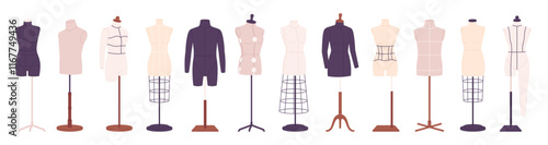 Tailor mannequins. Dummies sewing for male and female. Mannequin model, full body and torso. Equipment for dressmakers, designer, textile manufactures, racy vector set