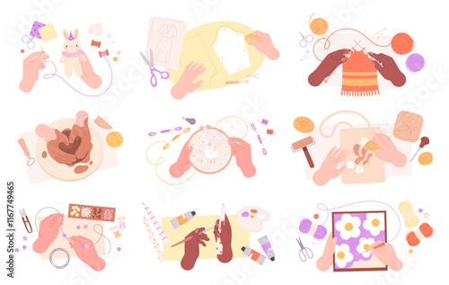 Creative handicraft. Art craft workshop, different hands embroidery, knitting, sewing, painting. Children hand made studio, hobby for adults, racy vector clipart