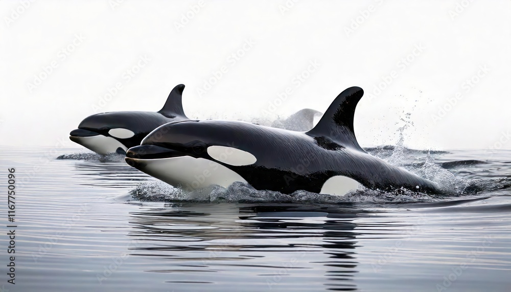 Fototapeta premium Orcas swimming gracefully in calm waters, white isolate background. 