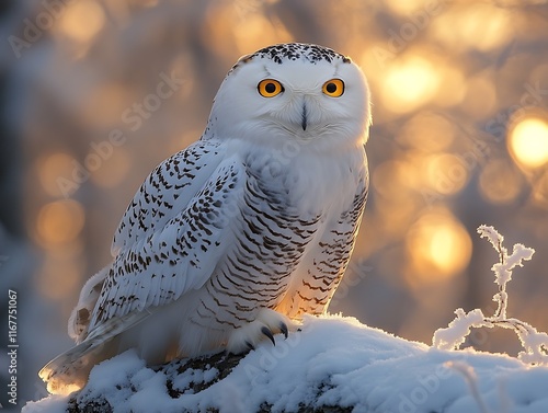 Snowy Owl Bubo scandiacus majestic white owl piercing yellow eyes sitting calmly on a snowcovered log against a frosty tundra photo