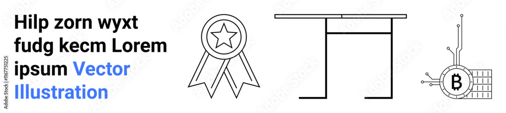Ribbon badge, minimalist table, and Bitcoin chip. Ideal for cryptocurrency, finance, tech innovation, education, achievements, blockchain technology, and digital marketing Landing page Ribbon badge, minimalist table, and Bitcoin chip. Ideal for cryptocurrency, finance, tech innovation, education, achievements, blockchain technology, and digital marketing Landing page