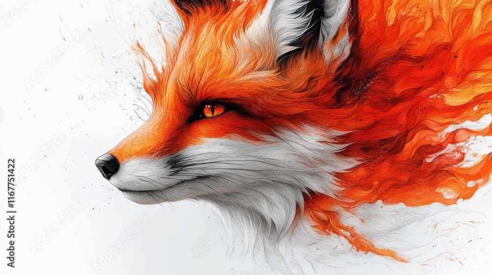 Obraz premium A vibrant, artistic depiction of a fox with flowing orange and white fur.