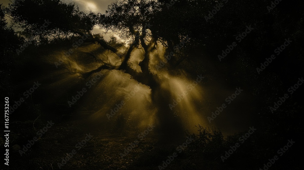 Obraz premium Golden Rays Through the Mystic Forest
