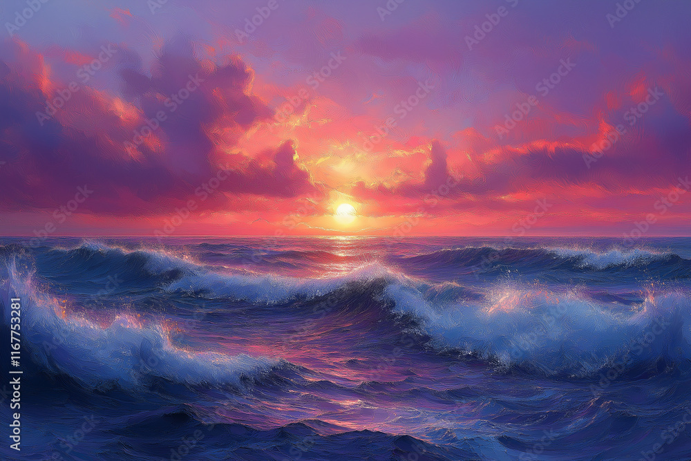 Fototapeta premium Photo réaliste professionnelle d’une scène océanique tranquille au coucher du soleil avec un ciel en nuances de rose, violet et orange, et des vagues douces sur le rivage