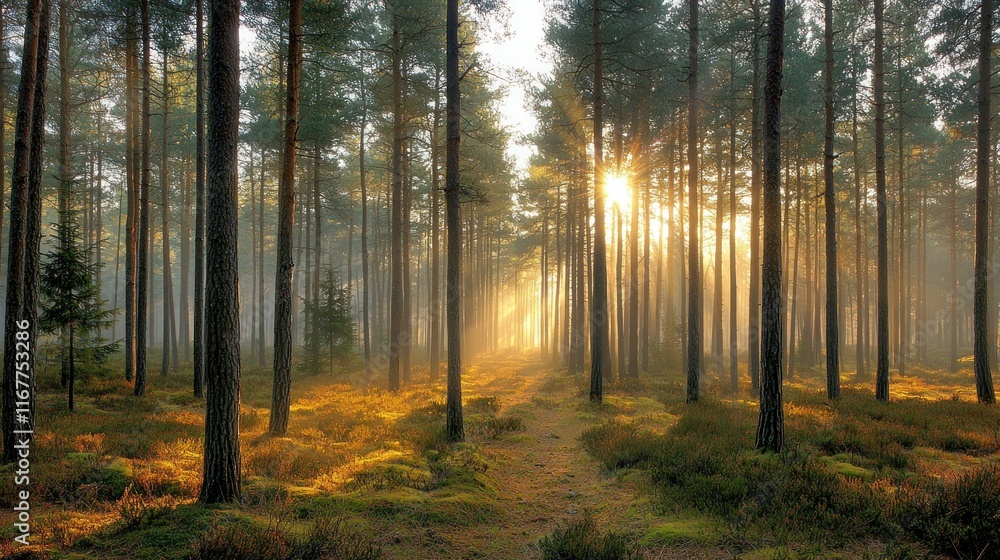 Sunbeams Through the Misty Pine Forest Sunbeams Through the Misty Pine Forest