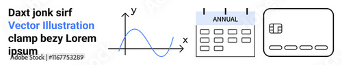 Business graph with sine wave, annual calendar, and credit card. Ideal for financial planning, annual budgeting, project scheduling, economic forecasting, data analysis, payment systems educational