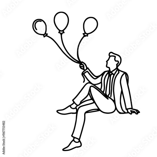 Outline of person in suit floating with balloons, single line vector outline drawing